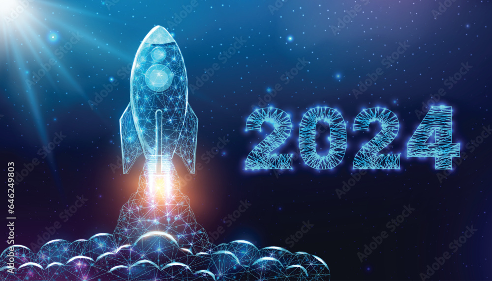 Poster rocket launch, wireframe polygonal style. 2024 start concept with glowing low poly rocket. futuristi