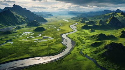 Aerial view of a river delta with lush green vegetation and winding waterways.