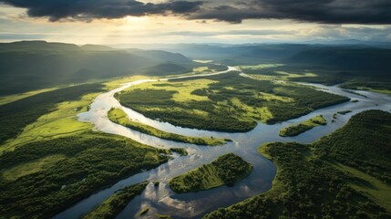 Aerial view of a river delta with lush green vegetation and winding waterways.