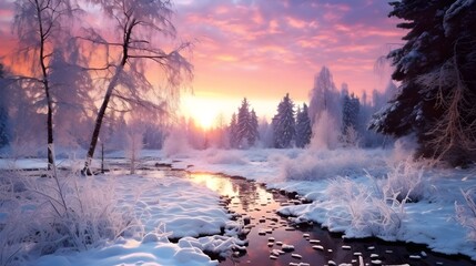 beautiful winter landscape with forest, trees and sunrise. winterly morning of a new day. purple...