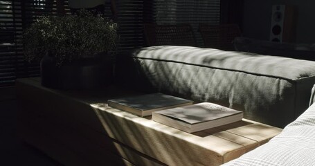 Detail in living room interior, books and ceramic vase with flowers on wooden table with sunlight from window and man passing by in modern apartment - Powered by Adobe