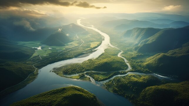 Aerial view of a river delta with lush green vegetation and winding waterways.