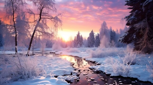 beautiful winter landscape with forest, trees and sunrise. winterly morning of a new day. purple winter landscape with sunset