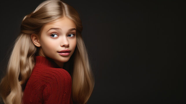 Portrait of teen woman with blonde hair wearing sweater. Isolated on black background with copy space. AI Generated.