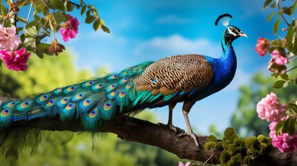 Naklejka premium an actual peacock perched on a tree branch, displaying its vibrant, open feathers