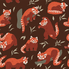 Seamless vector pattern of cute red panda in different poses with bamboo branches and leaves, Cartoon animal style © sabelskaya