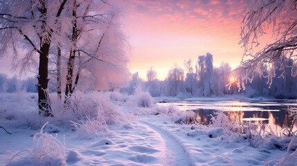 beautiful winter landscape with forest, trees and sunrise. winterly morning of a new day. purple winter landscape with sunset - obrazy, fototapety, plakaty