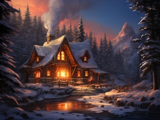 Cozy cabin nestled in a snowy forest, with smoke rising from the chimney and a warm glow emanating from the windows Generative AI