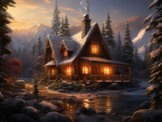 Cozy cabin nestled in a snowy forest, with smoke rising from the chimney and a warm glow emanating from the windows Generative AI