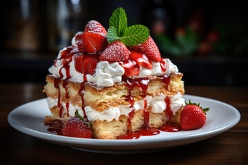 Strawberry cake with whipped cream and fresh strawberries on a wooden background