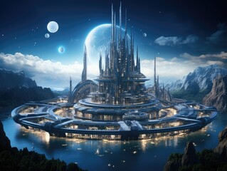 Fototapeta na wymiar Futuristic space station orbiting a distant planet, with high - tech architecture, advanced spacecraft, and a breathtaking view of the cosmos Generative AI
