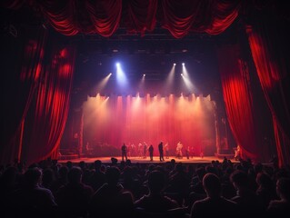 Theater stage with red velvet curtains with crowd people Generative AI
