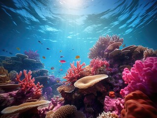 Surreal underwater world teeming with vibrant coral reefs, exotic fish, and mesmerizing marine life Generative AI