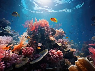 Fototapeta premium Surreal underwater world teeming with vibrant coral reefs, exotic fish, and mesmerizing marine life Generative AI