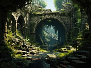 Ancient ruins landscape with weathered stone structures, overgrown vegetation, and an air of mystery Generative AI