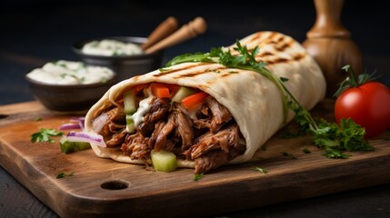 Doner Kebab, a beloved street food, features tender grilled chicken meat cooked on a vertical rotisserie, also known as Shawarma or Gyros in different culinary traditions