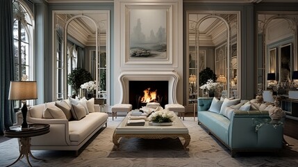Elegant interior decor gracing the living room and fireplace of this luxurious residence
