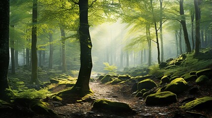 Enchanted Woodland: Misty Beech Forest Glistens in Sunlight After the Rain