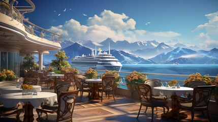a table right by the beach, providing a stunning panorama of the sea and towering mountains. A reserved setting is prepared, with a cruise liner on the horizon adding to the captivating scene