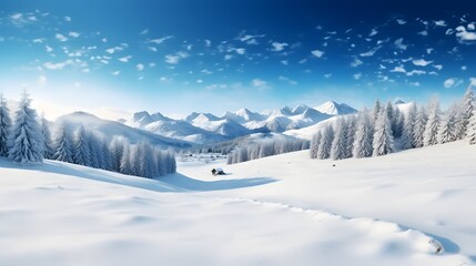 Beautiful winter panorama with fresh powder snow. Landscape with spruce trees, blue sky with sun...