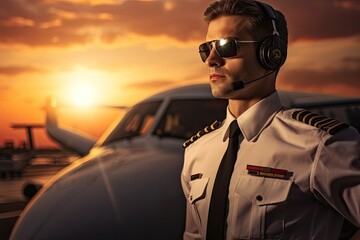 Portrait of handsome pilot in uniform with headphones and airplane at sunset, Airplane pilot at the airport, AI Generated - Powered by Adobe
