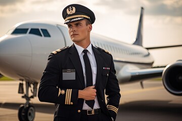 Obraz premium Handsome pilot in uniform standing in front of airplane at airport, Airplane pilot at the airport, AI Generated