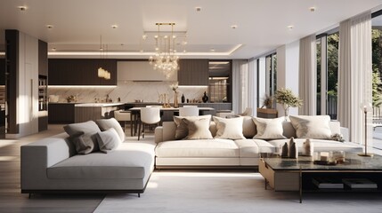 Experience opulence in the open-plan interior, where a beautifully designed living room meets a pristine white kitchen