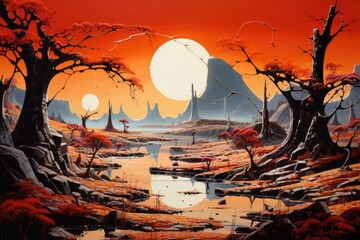 Digital painting of a fantasy landscape with trees and a lake at sunset, Alien World Landscape in Orange and Red, Many Moons, Post-Impressionism, AI Generated