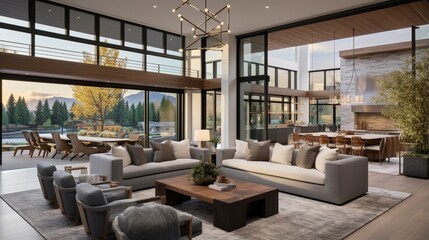 Fototapeta premium the beauty of the living room in this modern luxury home, designed with an open concept floor plan that reveals the kitchen, dining room, and wall of windows showcasing the outdoor scenery
