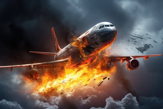 Airplane in the sky with smoke and fire. 3d rendering, Airplane with engine on fire, concept of aerial disaster, AI Generated