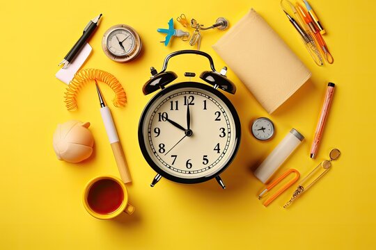 Alarm clock, stationery and cup of tea on yellow background, Alarm clock, paint, pencils and scissors. School accessories on a yellow background. View from above, AI Generated