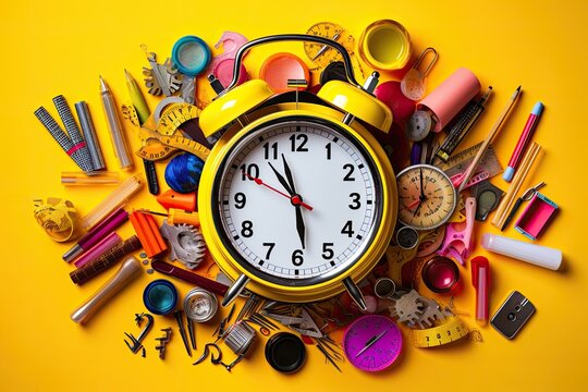 Alarm clock and school supplies on yellow background. Back to school concept, Alarm clock, paint, pencils and scissors. School accessories on a yellow background. View from above, AI Generated