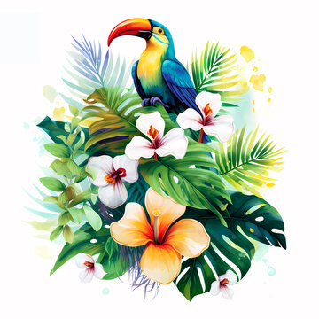 tropical composition with a cockatoo on a white background