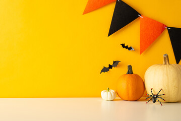 Set the eerie mood with Halloween table decor. Side view photo of a tabletop featuring themed...