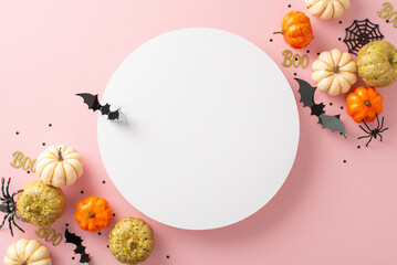 Modern Halloween arrangement. Overhead capture of thematic items: small golden pumpkins, ghastly spiders, spiderweb, bats, and confetti on pastel pink base. Empty circle perfect for messages or ads