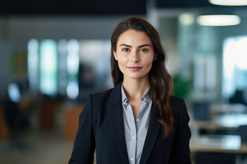 Fototapeta premium Smiling businesswoman with her office in the background