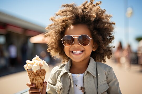 Summertime fun. Happy little girl eat ice cream while walking in the city. Vacation concept