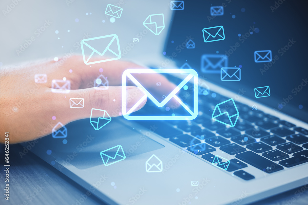 Aufkleber close up of male hands using laptop keyboard on desk with glowing email letter icons on blurry backg