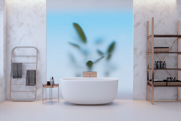 Fototapeta premium Clean light stylish bathroom interior with decortaive plant, glass and other objects. 3D Rendering.