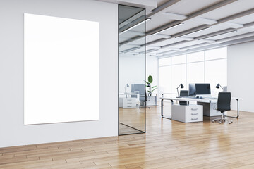 Modern coworking office interior with empty mock up banner on wall, furniture, wooden flooring, window with city view, glass partitions and other objects. 3D Rendering.