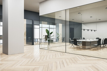 Modern coworking office interior with wooden parquet flooring, furniture, window with city view, glass partitions and other objects. 3D Rendering. - obrazy, fototapety, plakaty