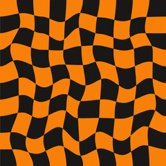 Twisted checkered colorful background. Abstract Halloween vector seamless pattern. Retro wavy psychedelic checkerboard. Black and orange colors