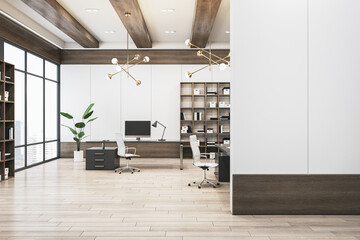 Contemporary office interior with mock up place, wooden and concrete walls and flooring, window with city view and daylight, bookcases and workplace with computer monitor. 3D Rendering. © Who is Danny
