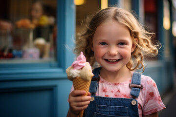 Cute little girl eating an ice cream in a waffle cone, happy kid holding an ice cream corn, happy smiling child eating ice cream on an outdoor background. AI Generated