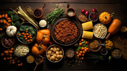 Flat lay view of Thanksgiving food - gravy, pumpkins, tomatoes, garlic, and spices on a rustic wooden table