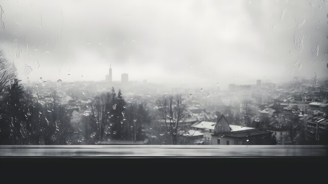 Black and white backdrop with blurred snowy cityscape through transparent window pane with condense in daytime