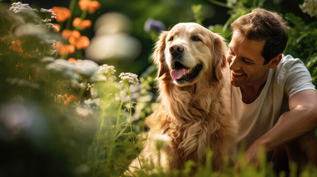 photo of A smiling golden retriever in the garden with his owner