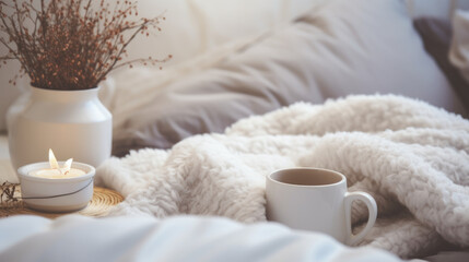 Obraz na płótnie Canvas Coffee cup on bed. Cozy autumn morning photography. still life concept. White fabric background