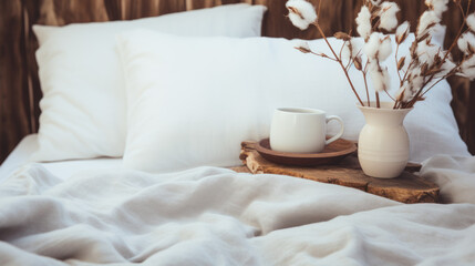 Fototapeta na wymiar Coffee cup on bed. Cozy autumn morning photography. still life concept. White fabric background