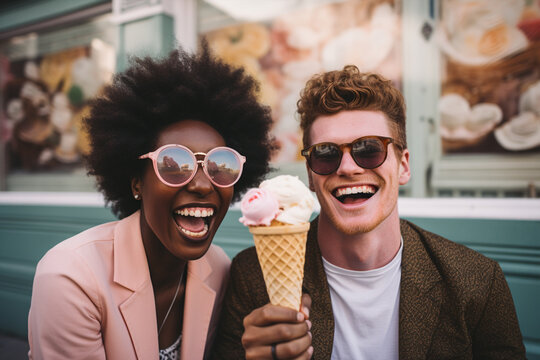 Happy modern couple holding an Ice cream cone on their hands, people with ice cream, Adorable couple having fun by eating ice cream with big laugh, young couple enjoying life, AI generated